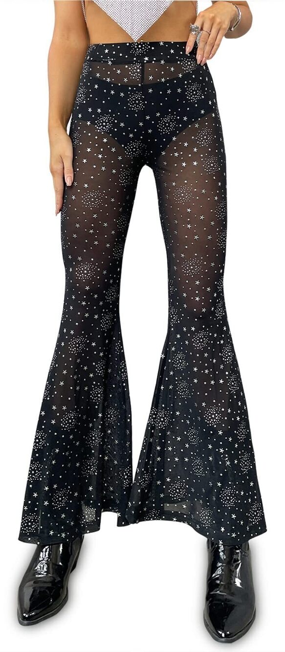 9015 Rave Outfit Outfit Festival Dance Clubwear Bell Bottom Mesh Sheer